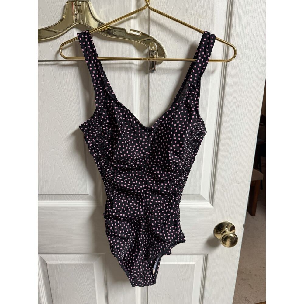 Le Cove Size 14 Black Pink Polka Dot Ruched One Piece Swimsuit Large